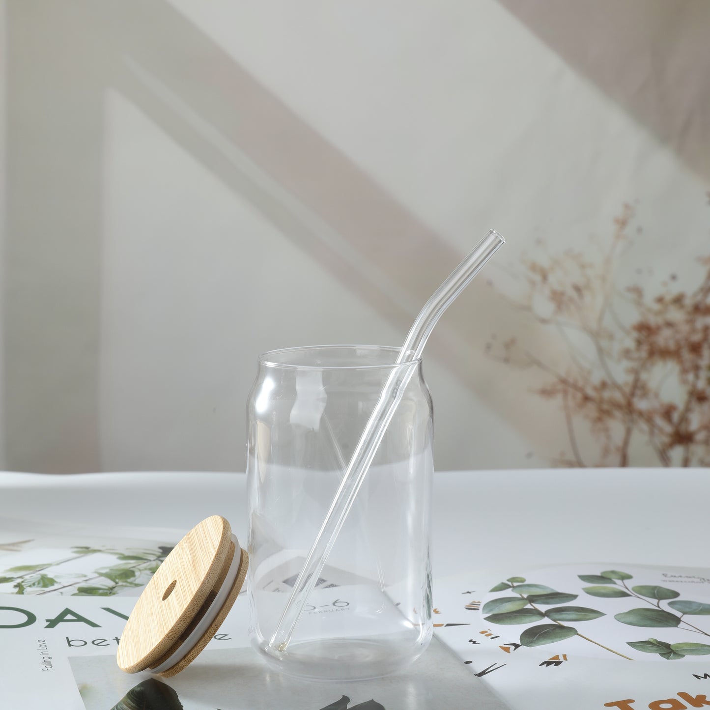 Drinking Glasses with Bamboo Lids and Glass Straw 480 ml