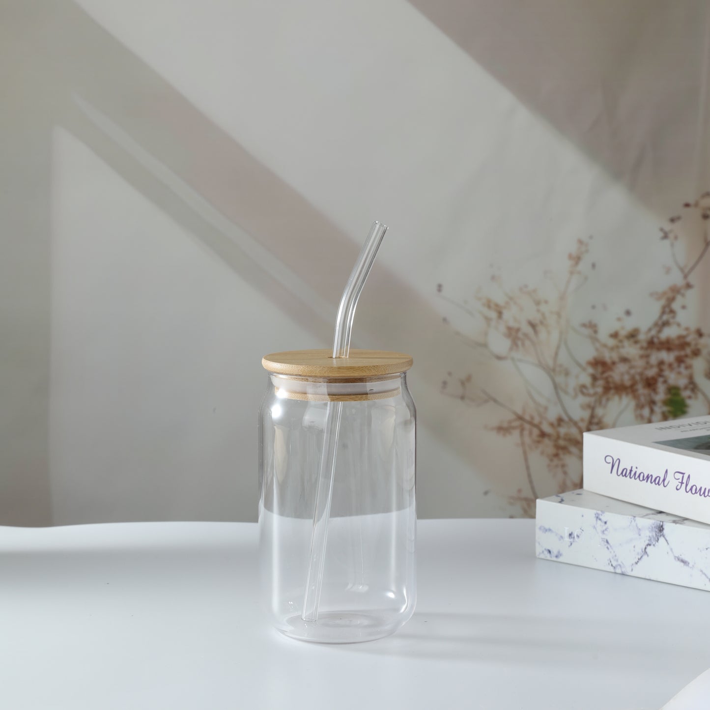 DrinkingGlasses with Bamboo Lids and Glass Straw 430 ml
