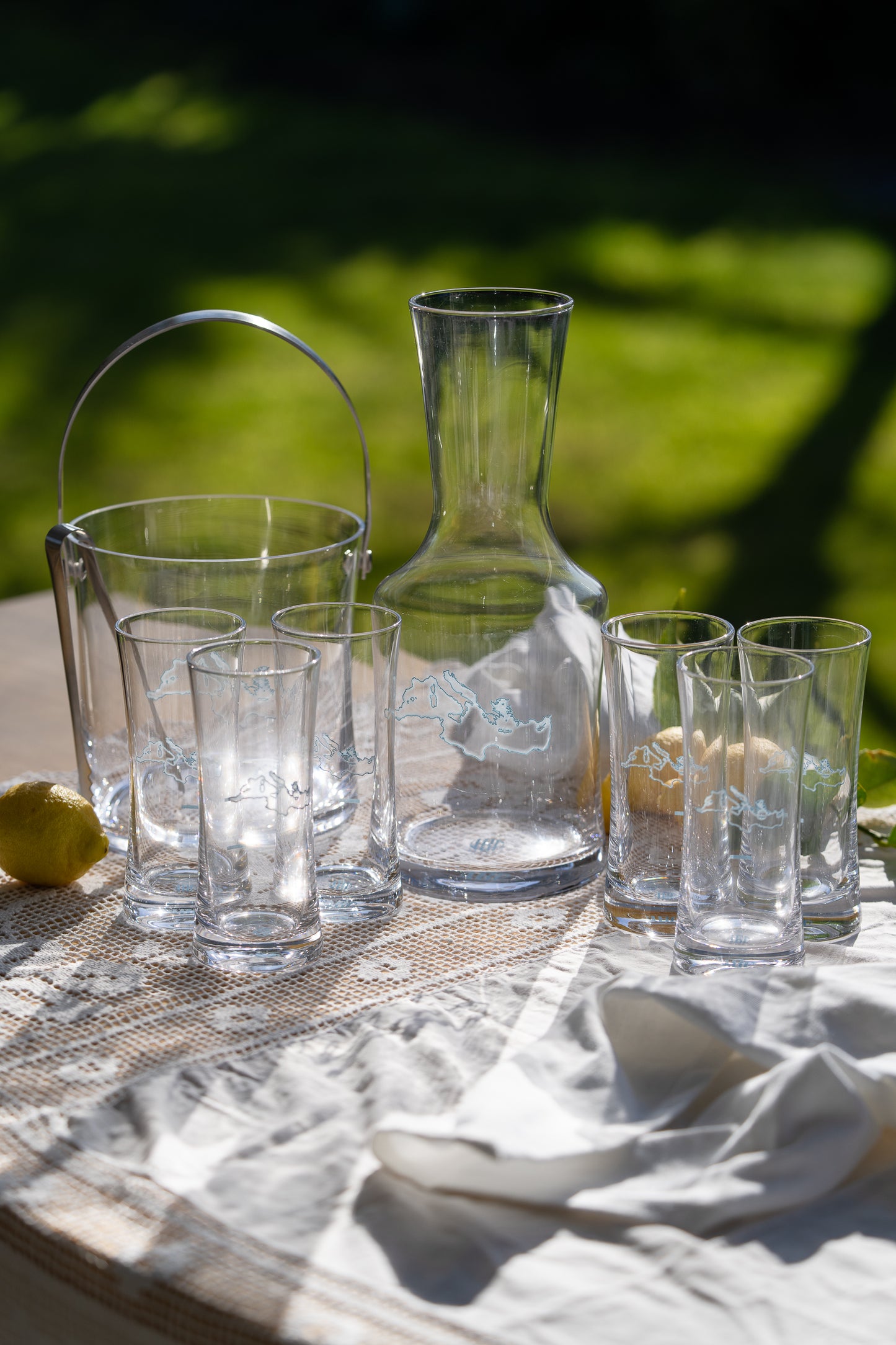 Clear glass carafe and glasses on a table with a blurred green background