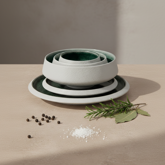 Stacked Nourish porcelain bowls and plates with reactive glaze finish