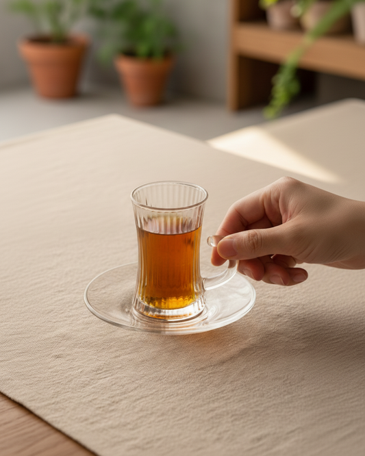 Hand holding an Arabic tea glass with amber tea on a clear saucer