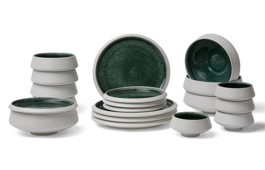 Olive Green Nourish porcelain dinnerware collection with plates and bowls