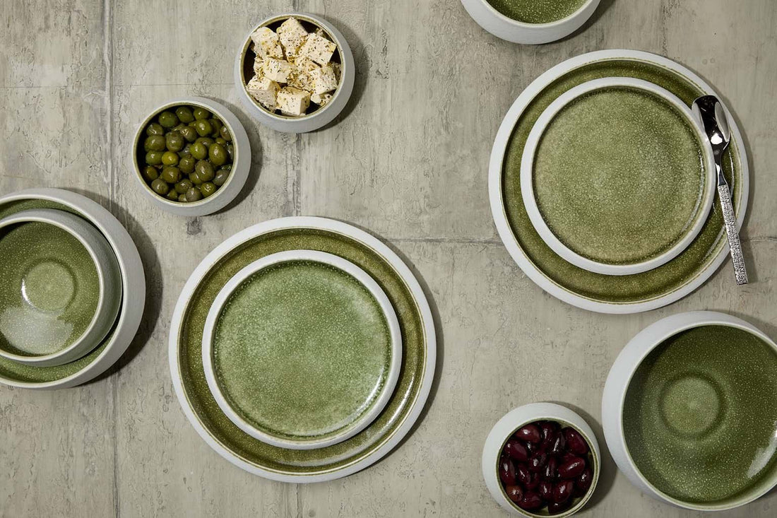 Elegant handcrafted luxury porcelain dinner set in Olive Green with fine detailing