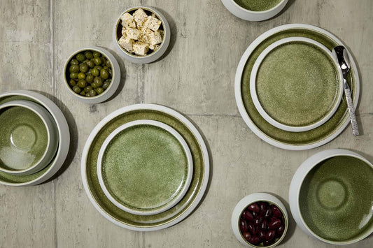 Elegant handcrafted luxury porcelain dinner set in Olive Green with fine detailing