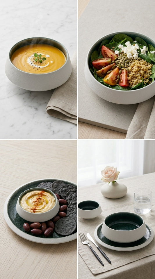 Nourish porcelain bowls serving soup, salad and hummus in everyday table settings