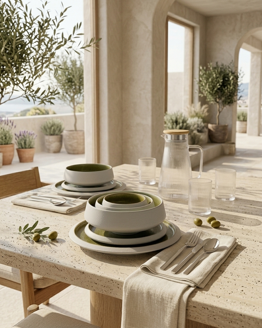 Nourish Olive Green porcelain dinnerware styled on a Mediterranean dining table