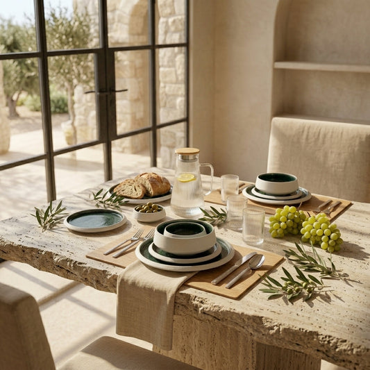 Nourish Coral Blue porcelain dinnerware set for two on a sunlit dining table