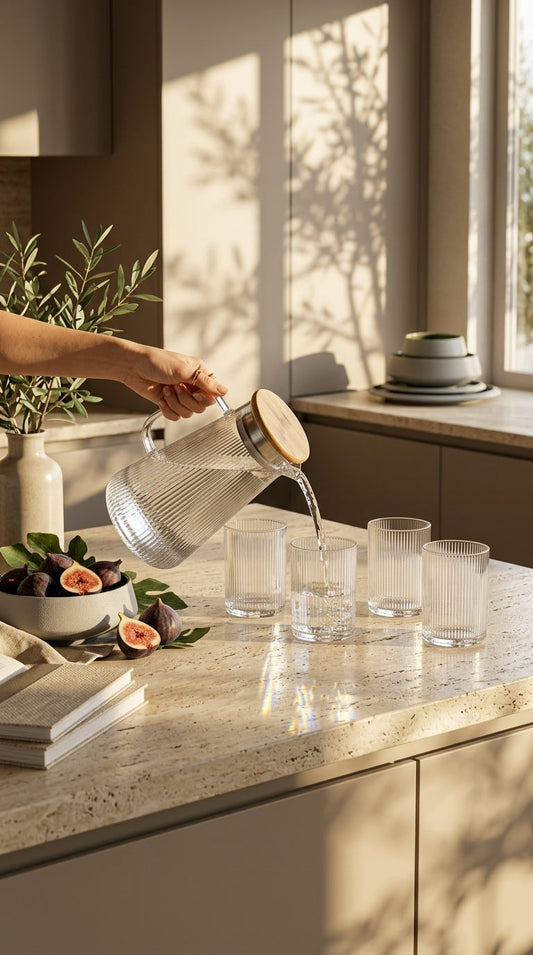 Water poured from a ribbed glass jug into a matching tumbler on a sunlit kitchen bench