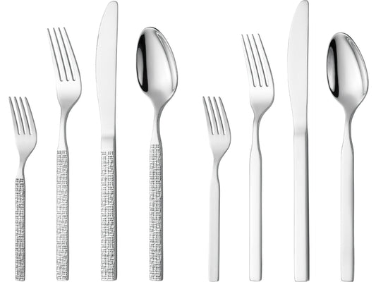 Hammered and classic 18/10 stainless steel cutlery designs side by side