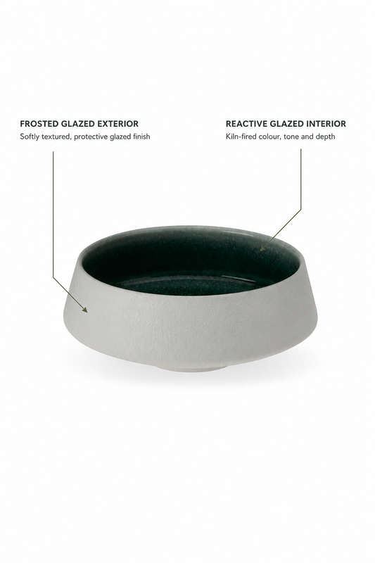 Nourish bowl diagram identifying frosted glazed exterior and reactive glazed interior