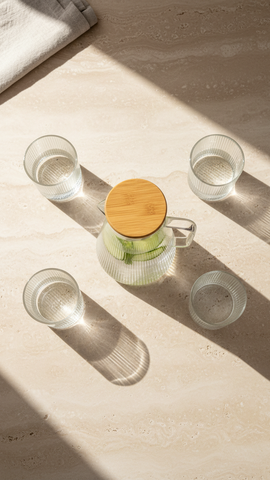 Overhead view of a glass water jug with cucumber and four matching tumblers