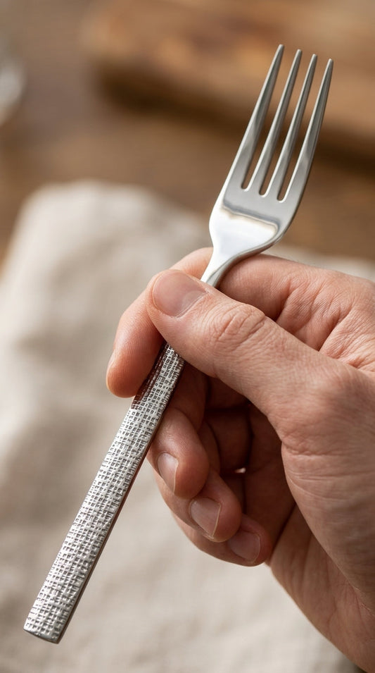 Textured stainless steel dining fork held to show balance and grip