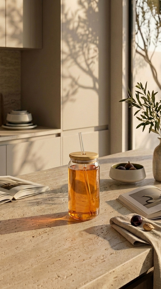 Summer Breeze glass iced coffee cup with bamboo lid and reusable straw on a sunlit kitchen table
