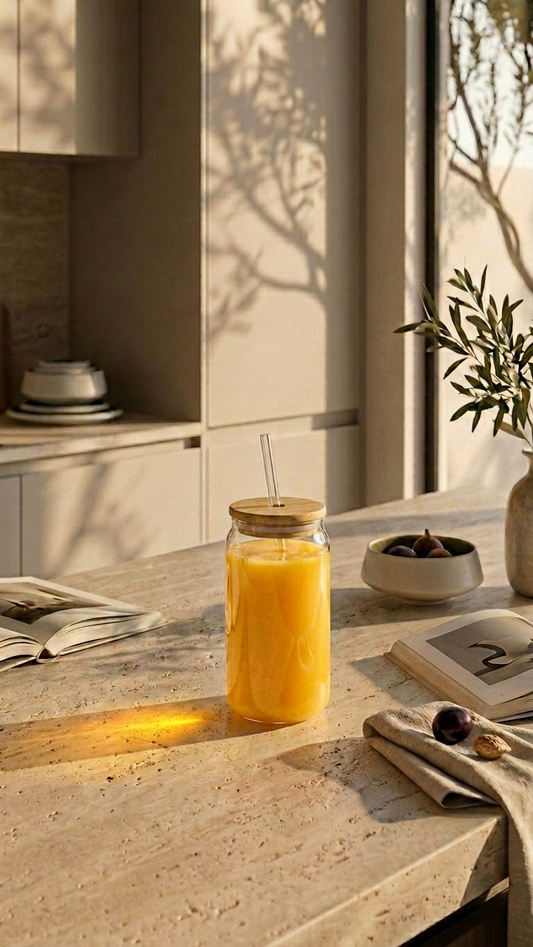 Summer Breeze glass cup with bamboo lid and reusable straw filled with an orange smoothie
