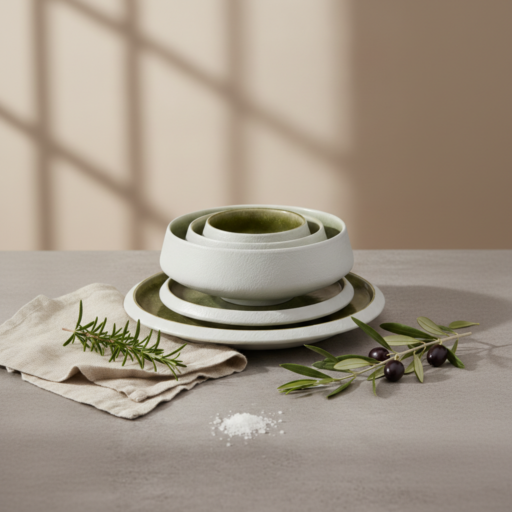 Luxury porcelain dinnerware set styled on modern dining table