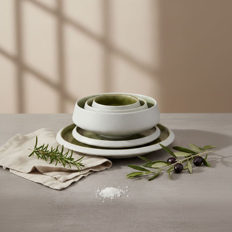 Luxury porcelain dinnerware set styled on modern dining table