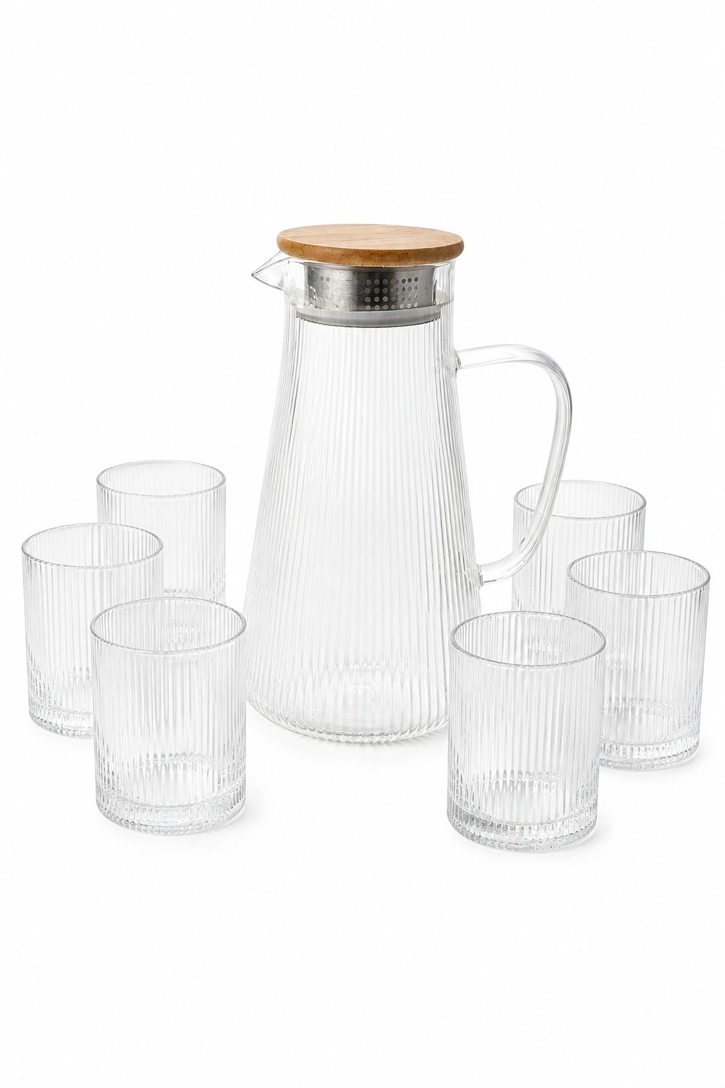 Clear glass carafe with wooden lid and six matching glasses on a white background