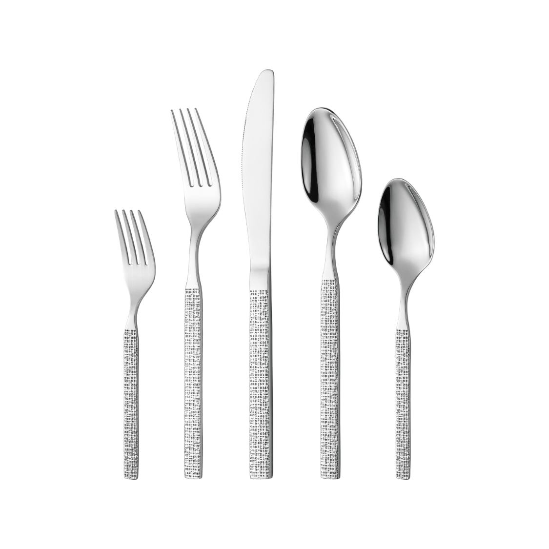 Set of silver cutlery with textured handles on a white background