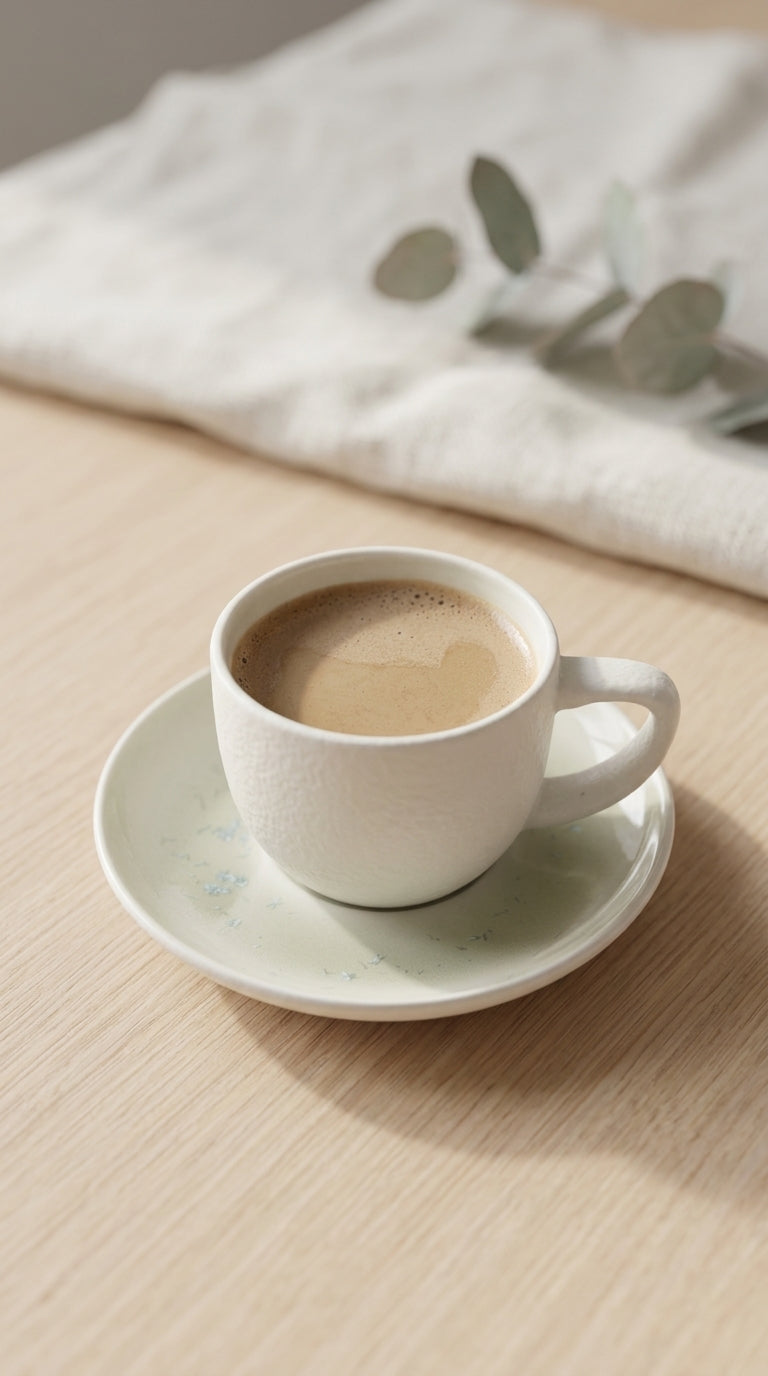 White ceramic cup and saucer with a steaming beverage on a wooden surface with a white cloth in the background.