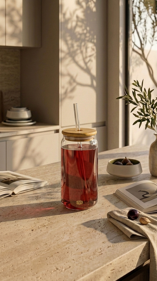 Iced coffee glass cup styled with a cold drink