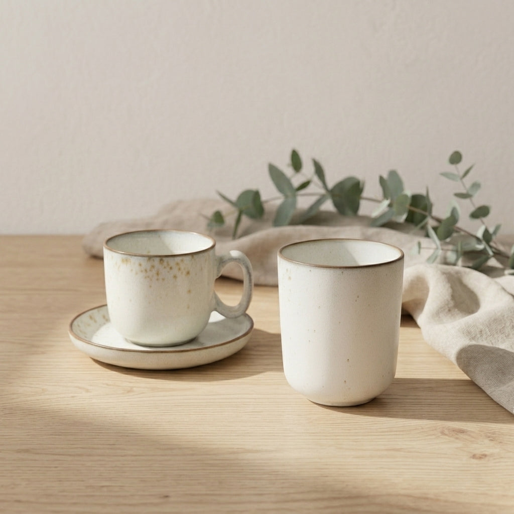 Two ceramic mugs on a wooden table with a light background