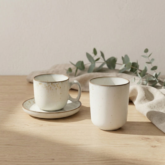 Aqua Speckle handleless coffee cups styled on a wooden table