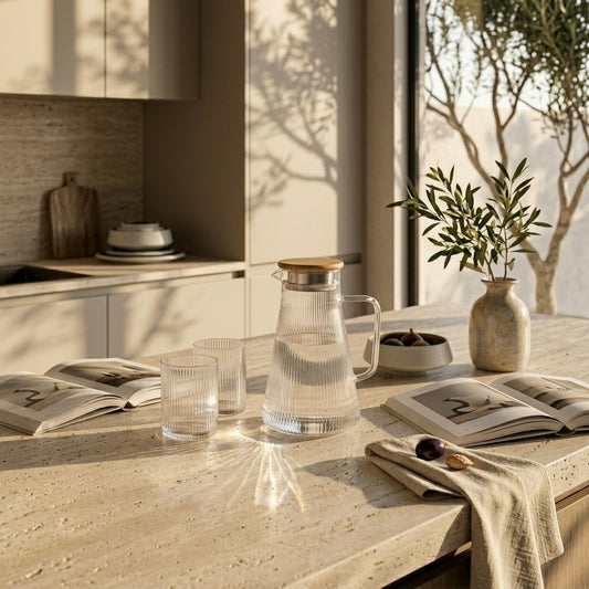 Water jug and six drinking glasses styled for serving