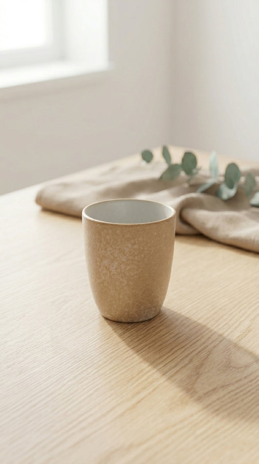 Desert Sand handleless coffee cup with reactive glaze