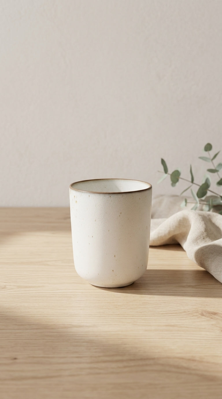 White ceramic mug on a wooden surface with a light background