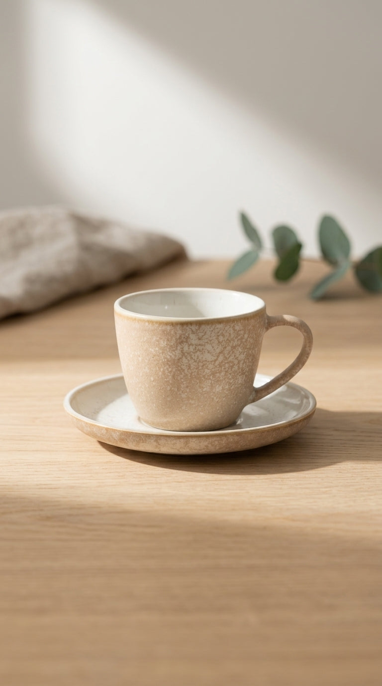 Ceramic cup and saucer on a wooden table with a blurred background