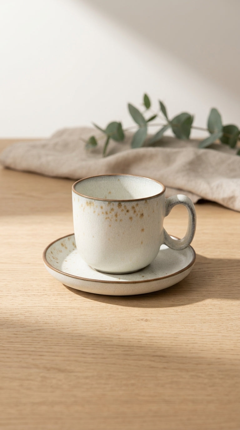 Ceramic cup and saucer on a wooden surface with eucalyptus leaves in the background