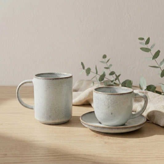 Stone Grey ceramic cup and saucer styled on a table