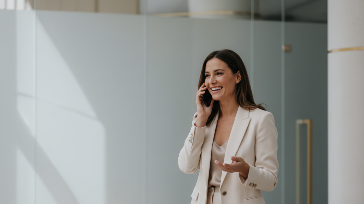 Woman in a white suit talking on a phone in an office setting